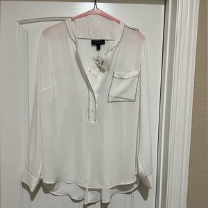 White button down shirt with black threading trim